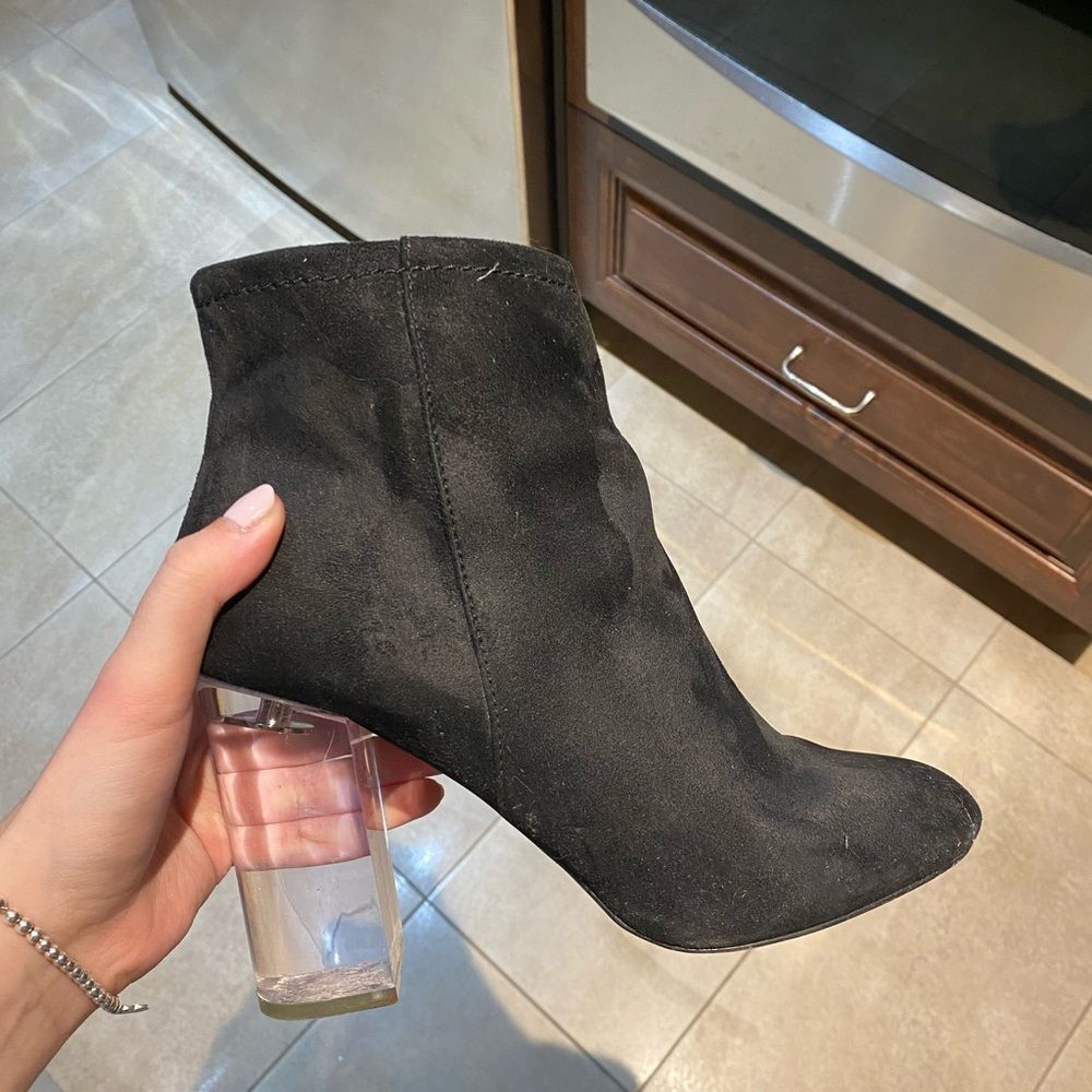 Nubuck black booties with clear glass heel